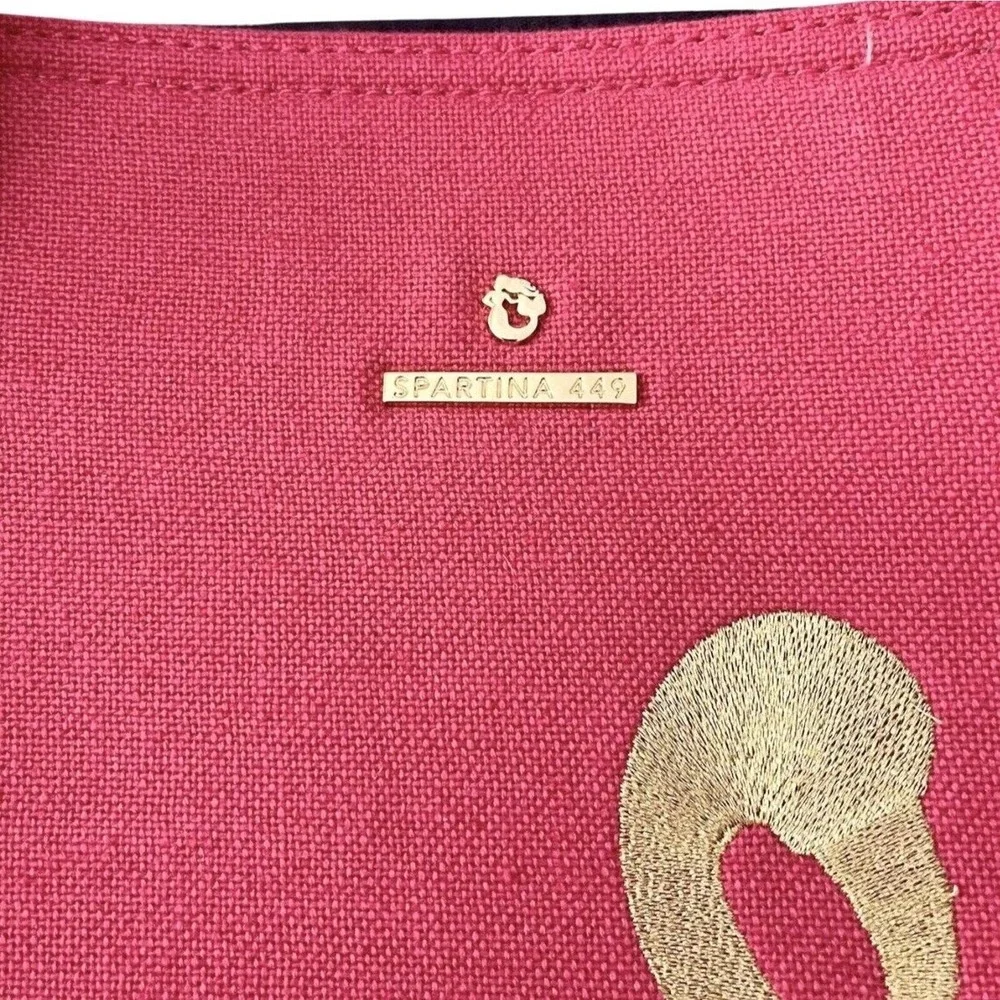 Spartina 449 Tote‎ Bag Womens Pink Excellent Gold Flamingo Embroidered Linen